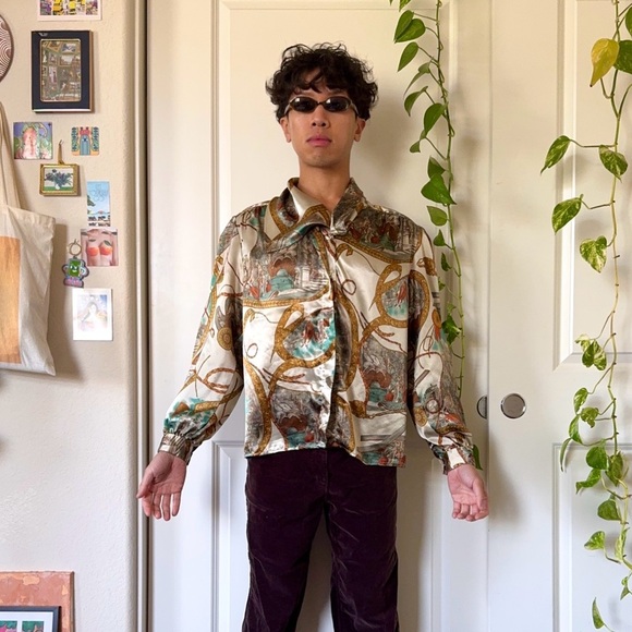 Vintage Baroque-Style Polyester Button-Up Shirt - Picture 4 of 8